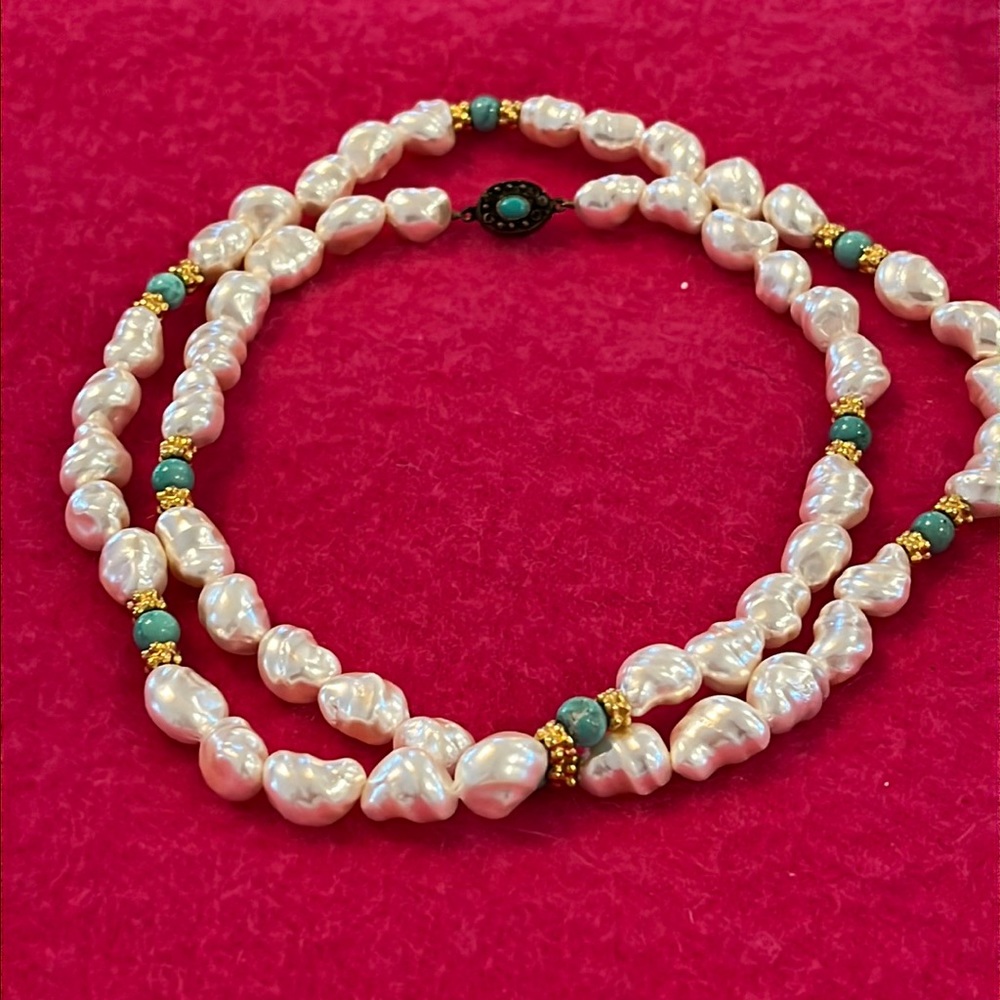 Baroque, pearl turquoise, and gold necklace